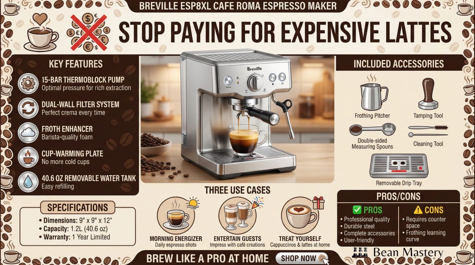 Breville ESP8XL Cafe Roma Stainless Espresso Maker Review - Beanmastery.com