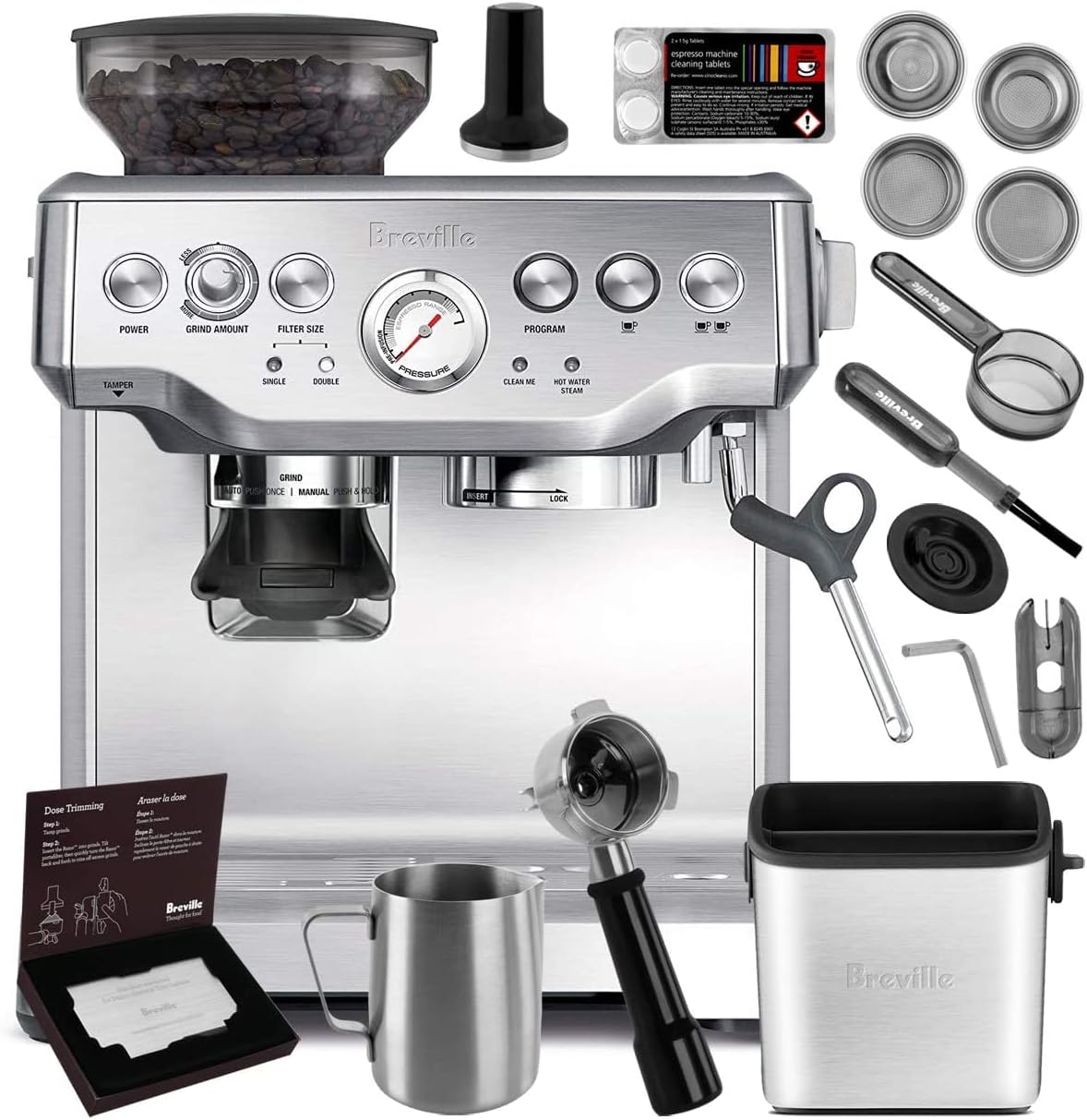 Breville BES870XL Barista Express Espresso Machine Brushed - Stainless Steel + Manufacturers Warranty + Knock Box Mini