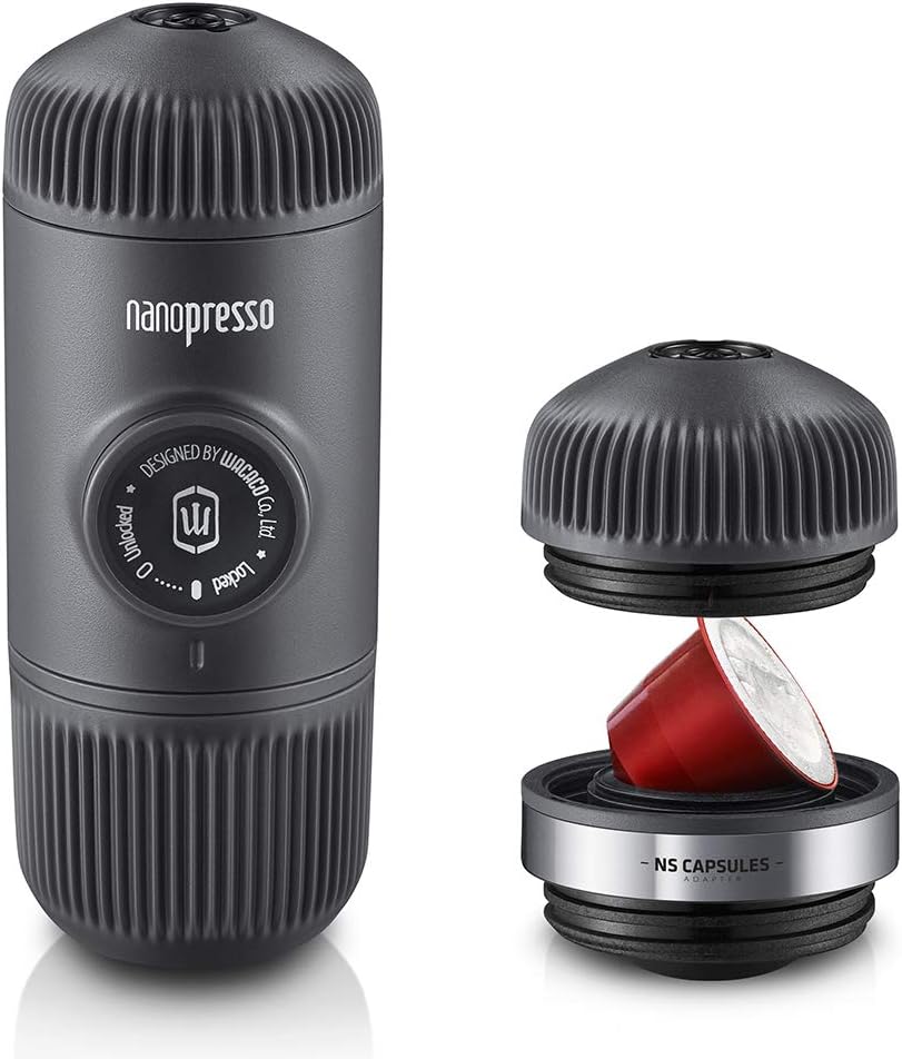 WACACO Nanopresso Portable Espresso Maker Bundled with NS Adapter, Compatible with NS Capsules and Ground Coffee, Manually Travel Coffee Machine Set, Perfect for Camping WACACO Nanopresso Portable Espresso Maker Bundled with NS Adapter, Compatible with NS Capsules and Ground Coffee, Manually Travel Coffee Machine Set, Perfect for Camping