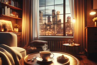 small apartment with a cup of coffee