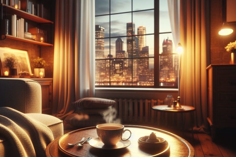 small apartment with a cup of coffee